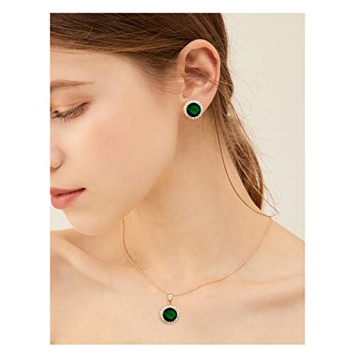 Bridal Crystal Jewelry Set - Sterling Silver Round Cubic Zirconia CZ Rhinestone Halo Birthstone Pendant Necklace Stud Earrings Set for Wedding Bride Bridesmaids Birthday Gift - color: Emerald Green