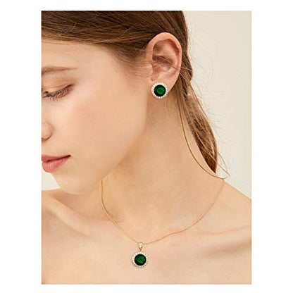 Bridal Crystal Jewelry Set - Sterling Silver Round Cubic Zirconia CZ Rhinestone Halo Birthstone Pendant Necklace Stud Earrings Set for Wedding Bride Bridesmaids Birthday Gift - color: Emerald Green