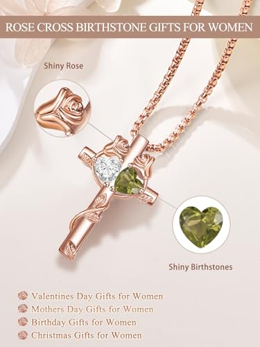 Rose Gold Cross Necklace with 2 Birthstones and Rose | Cross with Birthstone Necklace, Hypoallergenic, Adjustable Rolo Chain, Birthday Gifts, Catholic Christian Religious Jewelry - color: 04-08-Apr-Aug Birthstone