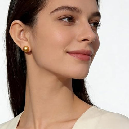 Gold & Brown Faux Pearl Stud Earrings, S925 Silver Posts Hypoallergenic for Women - color: Gold, size: 12mm