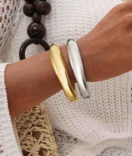 Chunky Gold Bangles Bracelets for Women Trendy Stack Statement Bangle Irregular Cuff Bracelets Fashion Jewelry Gift - color: Gold1+Silver1