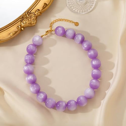 Beaded Necklace for Women Boho Chunky Large Round Beaded Statement Choker Trendy Adjustable Resin Necklaces Summer Beach Jewelry Gifts - color: Light Purple