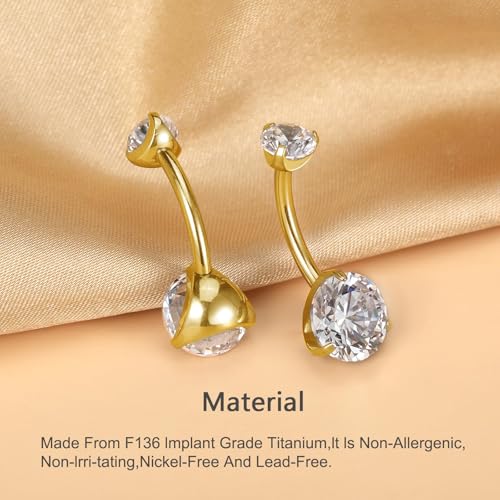 Gold Belly Button Ring, Titanium Dangle Floating Navel Piercing Jewelry - color: Gold-Rould CZ-10mm