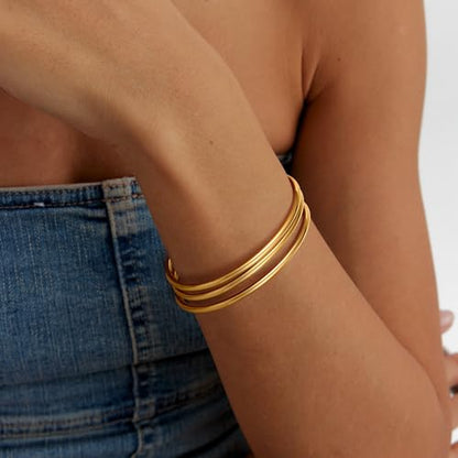 Awinesn 18K Gold Plated Bangles for Women Stainless Steel Glossy Stackable Thin Round Bracelets Solid Plain Polished Bangles Bracelets Set of 3 Jewelry for Women - size: 7.5 inches, style: round-3-G