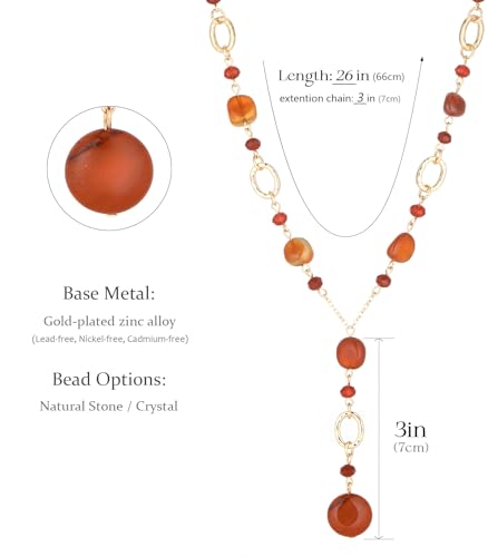 FULU AUTUMN Long Gold Beaded Necklaces for Women Natural Stone Bead Statement Pendant Necklace Y Sweater Chain Fashion Jewelry Gifts - color: Red