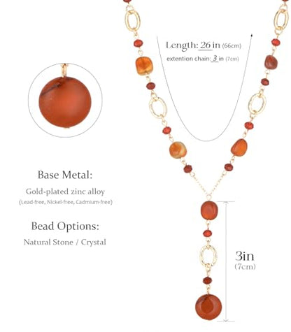 FULU AUTUMN Long Gold Beaded Necklaces for Women Natural Stone Bead Statement Pendant Necklace Y Sweater Chain Fashion Jewelry Gifts - color: Red