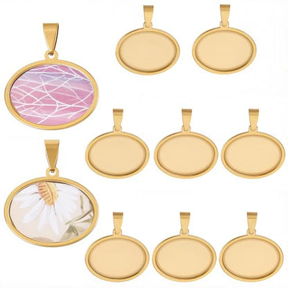 1 Box 10Pcs Oval Cabochon Settings Gold Stainless Steel Bezel 18 x 25mm Metal Photo Cameo Resin Cabochons Blanks Trays Pendant Base Charms for Jewelry Making Earrings Necklaces DIY Crafts - style: gold flattened round