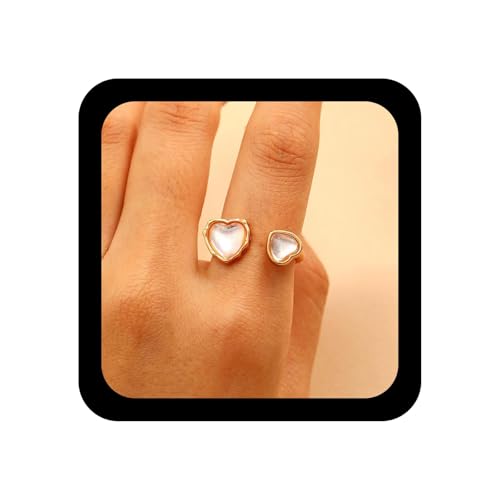Vintage Cute Double Heart Rings White Opal Heart Half Open Ring Small Hearts Open Adjustable Ring Wedding Crystal Moonstone Love Wrap Finger Knuckle Rings Jewelry for Women - color: White