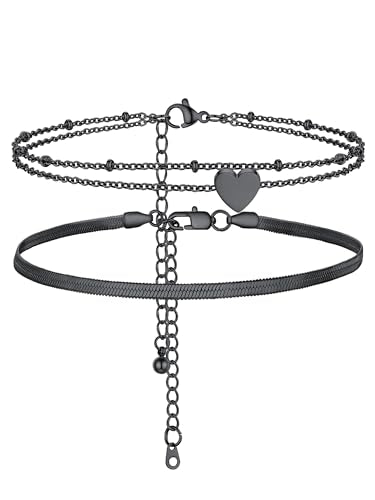 PROSTEEL Trendy Handcuffs Design/Customize Words Ankle Bracelet For Women, 316L Stainless Steel Anklets Silver/Gold/Black Tone, Hypoallergenic, Come with Box - style: 06.2 Layered-Herringbone&Heart-Black