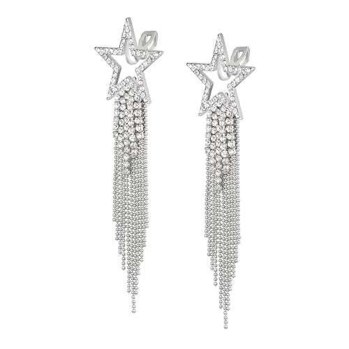 EVER FAITH Crystal Long Waterfall Star Tassel Clip-on Earrings for Women | Rhinestone Beaded Fringe Chandelier Dangle Statement Earring, Wedding Party Jewelry - color: Clear Silver-Tone
