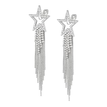 EVER FAITH Crystal Long Waterfall Star Tassel Clip-on Earrings for Women | Rhinestone Beaded Fringe Chandelier Dangle Statement Earring, Wedding Party Jewelry - color: Clear Silver-Tone
