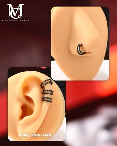 Nose Ring Hoop, 316L Stainless Steel Double Nose Rings, 20G Nose Piercing Jewelry for Women, Clear CZ Helix Cartilage Septum Nose Hoops - color: Black-7mm