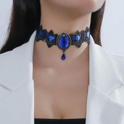 Gothic Lace Choker Vampire Necklace for Women,Black Lace Red Crystal Pendant Necklaces for Halloween,Goth Black Necklace Jewelry Witch Costume Vampire Accessories - style: Style Blue