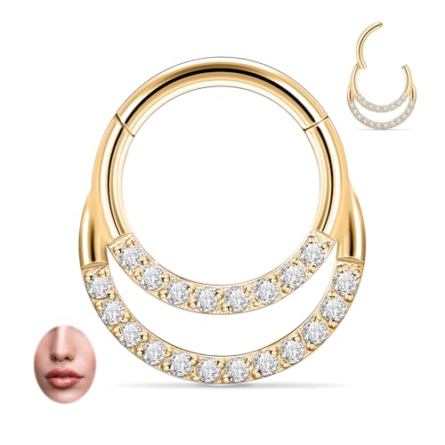 GAGABODY Septum Jewelry 16 Gauge Earrings Double Hoop Daith Earring Surgical Steel Hinged Nose Rings Nose Hoop Helix Tragus Rook Piercing - color: Style3:1pc Gold+Clear CZ