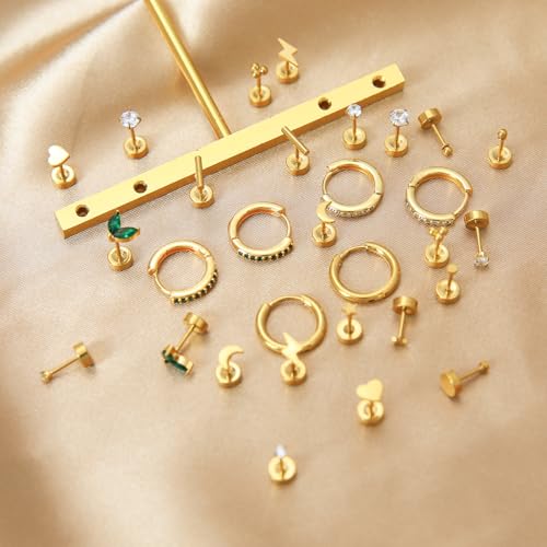 Stainless Steel Stud Earrings Set for Women Hypoallergenic Flat Back Cartilage Earrings Screw Back Huggie Hoop Earrings Multiple Piercing Cubic Zirconia Helix Tragus Jewelry - color: Set-D-14K Gold Plated