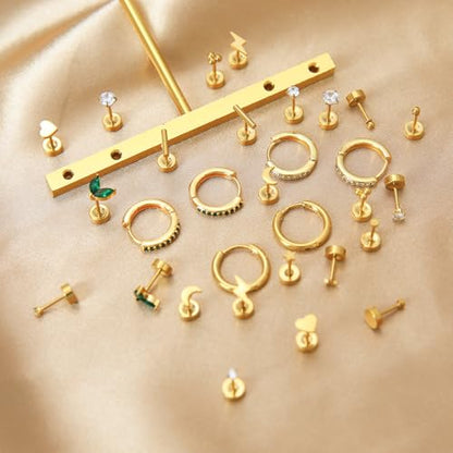 Stainless Steel Stud Earrings Set for Women Hypoallergenic Flat Back Cartilage Earrings Screw Back Huggie Hoop Earrings Multiple Piercing Cubic Zirconia Helix Tragus Jewelry - color: Set-D-14K Gold Plated