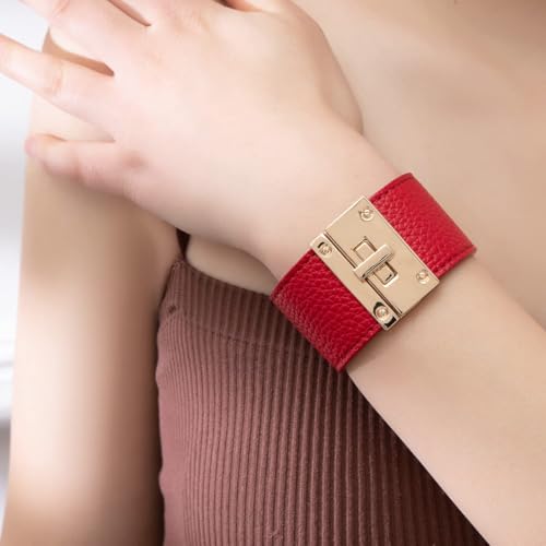 Rantanto Leather Wrap Bracelets For Women Gold Twist Lock Buckle Wrist Cuff | PU leather,Skin-friendly,Boho Stackable Wristband,Fashion Daily Jewelry,Trend Casual Party Bangle,Fit For Birthday, Holiday - color: Wide Red