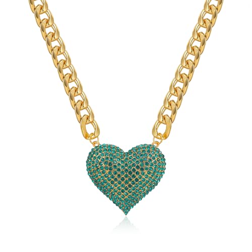 Gold Cuban Link Chain Necklace with Red Crystal Heart Pendant, Statement Chunky Curb Link Chain，Fashion Jewelry for Women - color: Green