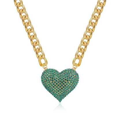 Gold Cuban Link Chain Necklace with Red Crystal Heart Pendant, Statement Chunky Curb Link Chain，Fashion Jewelry for Women - color: Green
