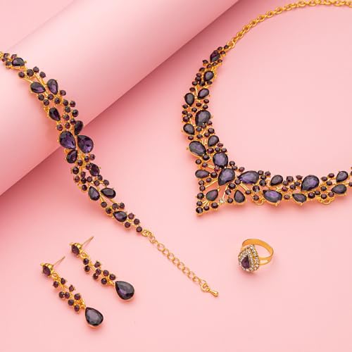 Paxuan Crystal Bridal Wedding Jewelry Sets for Women Rhinestone Teardrop Crystal Statement Choker Necklace Drop Earrings Link Bracelets Rings Teardrop Jewelry Set for Brides Bridesmaids - color: Gold Plated Purple Crystal