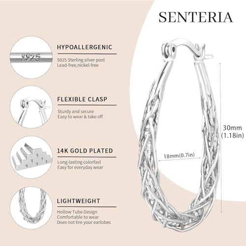 Senteria Sterling Silver Hoop Earrings - Medium, Lightweight, Thick Twist Oval Hoops