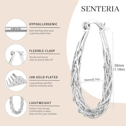Senteria Sterling Silver Hoop Earrings - Medium, Lightweight, Thick Twist Oval Hoops