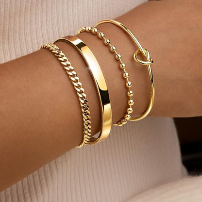 925 Sterling Silver Bracelets for Women Stack, Trendy Tennis Bangle Cuff Jewelry Set 14K Gold Plated, Adjustable Bracelet Set for Wrist Essentials, Women Fashion Watch Band Acecessories - style: Braccelet_4pcs_02