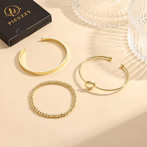 14K Gold Plated Stackable Bangle Bracelets for Women | Dainty Cuff Bracelets, Stackable for Women, Waterproof Bracelet Stack, Gold Jewelry Gifts Trendy Adjustable Accessories - color: 3-layer-G-Gold