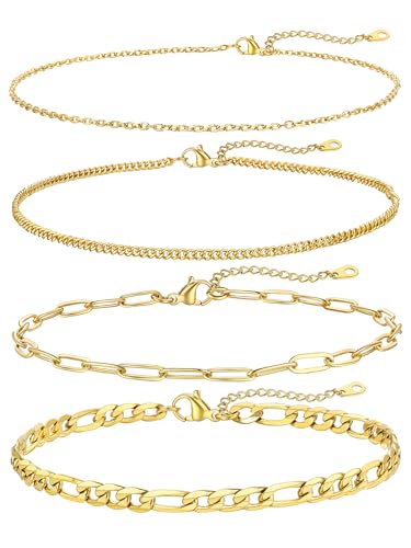 FOCALOOK Anklet Bracelets Set for Women, 14K Gold Plated Layered Anklet Set | Adjustable for Large Ankle, Cuban/Snake/Figaro/Paperclip Chain, Waterproof & Non Tarnish for Everyday Wear, Beach & Summer - color: E:4Pcs-Anklet Set-Gold