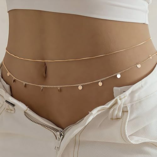 14K Gold Plated Waist Chain for Women, Layered Belly Body Chain | 2Pcs Adjustable Fit, Layered Design, Dainty Chain Styles, Bikini, Dress & Rave Outfits, Beach, Festival & Vacation - color: Gold-Plated 4
