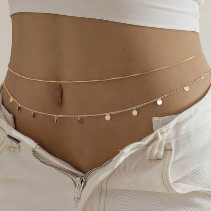 14K Gold Plated Waist Chain for Women, Layered Belly Body Chain | 2Pcs Adjustable Fit, Layered Design, Dainty Chain Styles, Bikini, Dress & Rave Outfits, Beach, Festival & Vacation - color: Gold-Plated 4