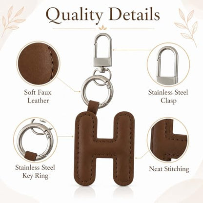 Initial Letter Keychain,Stainless Steel,Colorful Faux Leather Keyring for Backpack,Purse,Car Keys,Gift for Men Women - color: H