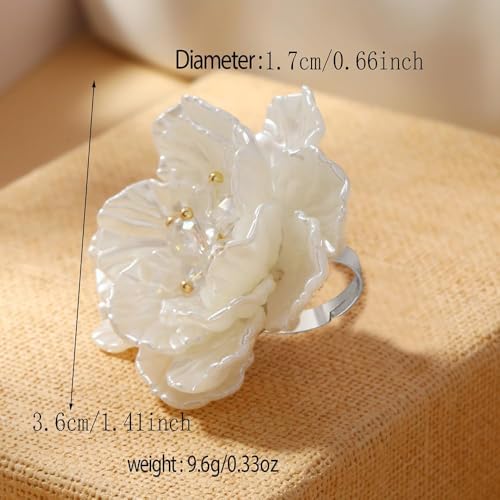 Dtja Large Blossom Flower Statement Ring for Women Silver Plated Colorful Resin Daisy Cherry Floral Adjustable Open Wrap Finger Rings Elegant Wedding Theme Party Jewelry - color: White