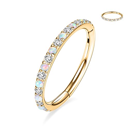GAGABODY Surgical Steel Hypoallergenic Nose Ring Earring CZ Hoop for Unisex | Hinged Seamless Clasp,Used in Nostril,Septum,Lip,Eyebrow,Nipple and All Ear Piercings.22G to 12G,Inner Diameter 5mm to 14mm - color: Gold+Clear CZ & White Opal, size: 20G-8mm
