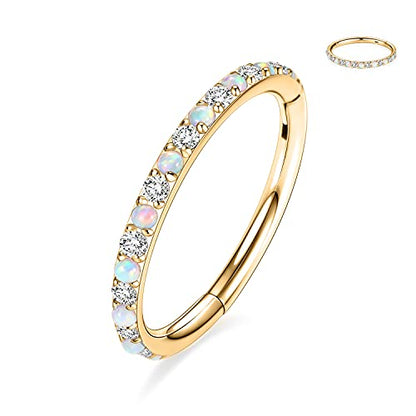 GAGABODY Surgical Steel Hypoallergenic Nose Ring Earring CZ Hoop for Unisex | Hinged Seamless Clasp,Used in Nostril,Septum,Lip,Eyebrow,Nipple and All Ear Piercings.22G to 12G,Inner Diameter 5mm to 14mm - color: Gold+Clear CZ & White Opal, size: 20G-8mm