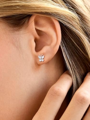Suplight Butterfly Stud Earrings 925 Sterling Silver 14K Gold Brithstone Earrings for Women Brithstone Jewelry Gifts - color: 04.April ( Clear Quartz), size: Silver