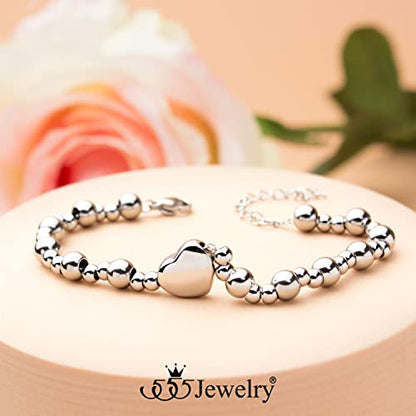 555Jewelry Stainless Steel Beads & Puffed Heart Charm Bracelet for Women & Ladies - color: Silver