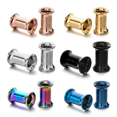 B BodyPJ Sparkles 6Pairs-Mix Color Surgical Steel Piercing Hollow Tunnel Ear Plugs Expander Gauges - size: 5mm