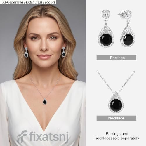 Women Trendy Faux Crystal Pendant Necklace 18K Gold/Silver Plated | CZ Halo Teardrop Drop Pendant Necklace Lightweight Fashion Jewelry Set Stackable For Wedding Daily Wear - color: Black