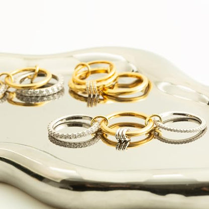 Stackable Rings for Women Non Tarnish,Dainty 18k Gold Plated CZ Cubic Zirconia Rings,Silver and Gold Rings Set,Multi-Link Connected Rings - color: Three rings set