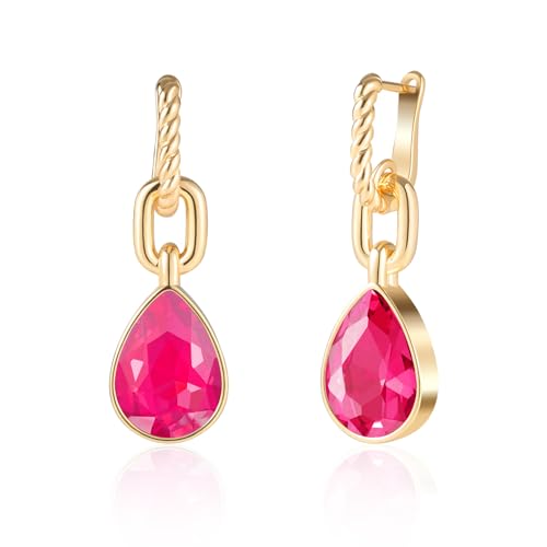 Crystals Teardrop Dangle Drop Earrings, 18K Gold Plated Hoop Earrings Zirconia Jewelry for Women Gifts - color: Rose Red-Long