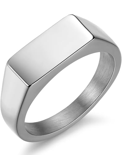 Stainless Steel Signet Ring - 316L Mens Finger Ring for Men Women - Rhodium Plated Cool Band Ring Jewelry for Father Husband Son Friend - color: Cushion-Rhodium Plated, size: 12