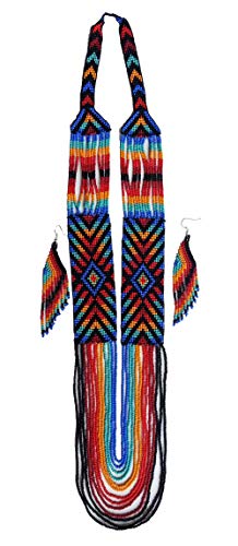 Handmade Beaded Indian Necklace,Inspired by Native American Style Long Necklace Earrings Set,One of a Kind beaded Necklace for Women,Perfect for Occasions, Gifts - color: Rainbow