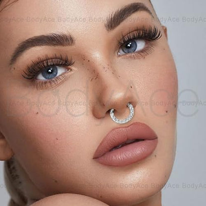 CZ Hinged Segment Clicker PA Rings, 2G 4G 6G 8G 10G 12G Large Septum Nose Rings, Surgical Steel Spring Action BCR Ring Ear Gauges Earrings Hoops - color: 8G(3mm),Hoops:16mm