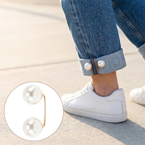 8pcs Pearl Brooches Sweater Clips, Decorative Pins Pant Hem Clips Waist Length Adjuster, Elegant Pearl Safety Pins for Women Dresses Jeans Shirts Hats - Beige