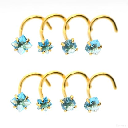 8 Pcs-Pack, Crystal Nose Studs, 20G Stainless Steel, 3mm Zircon, Multiple Shapes Zircon Labret Nose Piercing Ear Jewelry - color: Lake Blue
