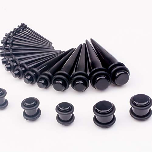 50 Pcs Ear Gauges Stretching Kit 14G-00G | Acrylic Tapers and Plugs Silicone Tunnels, Gauge Expanders Stretching Kit, Piercing Earring Jewelry for Men and Women - color: Black