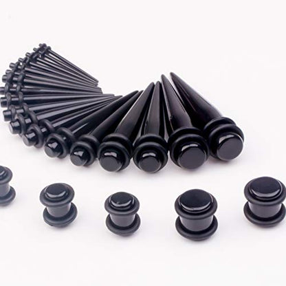 50 Pcs Ear Gauges Stretching Kit 14G-00G | Acrylic Tapers and Plugs Silicone Tunnels, Gauge Expanders Stretching Kit, Piercing Earring Jewelry for Men and Women - color: Black