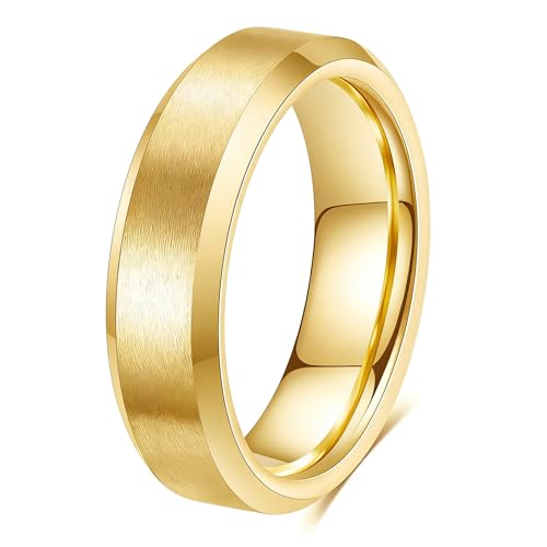 Stainless Steel Wedding Band Ring For Men Women | Sandblasted matte finish, 4mm/6mm/8mm widths, steel/black/gold-tone colors, everyday wear, wedding - color: Matte-6mm-Gold