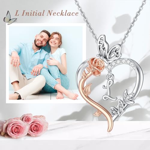 TOUPOP Gifts for Women Her 925 Sterling Silver Rose Heart Initial Necklace Butterfly Heart Jewelry Anniversary Birthday Gifts for Wife Girlfriend Mom - color: L Initial